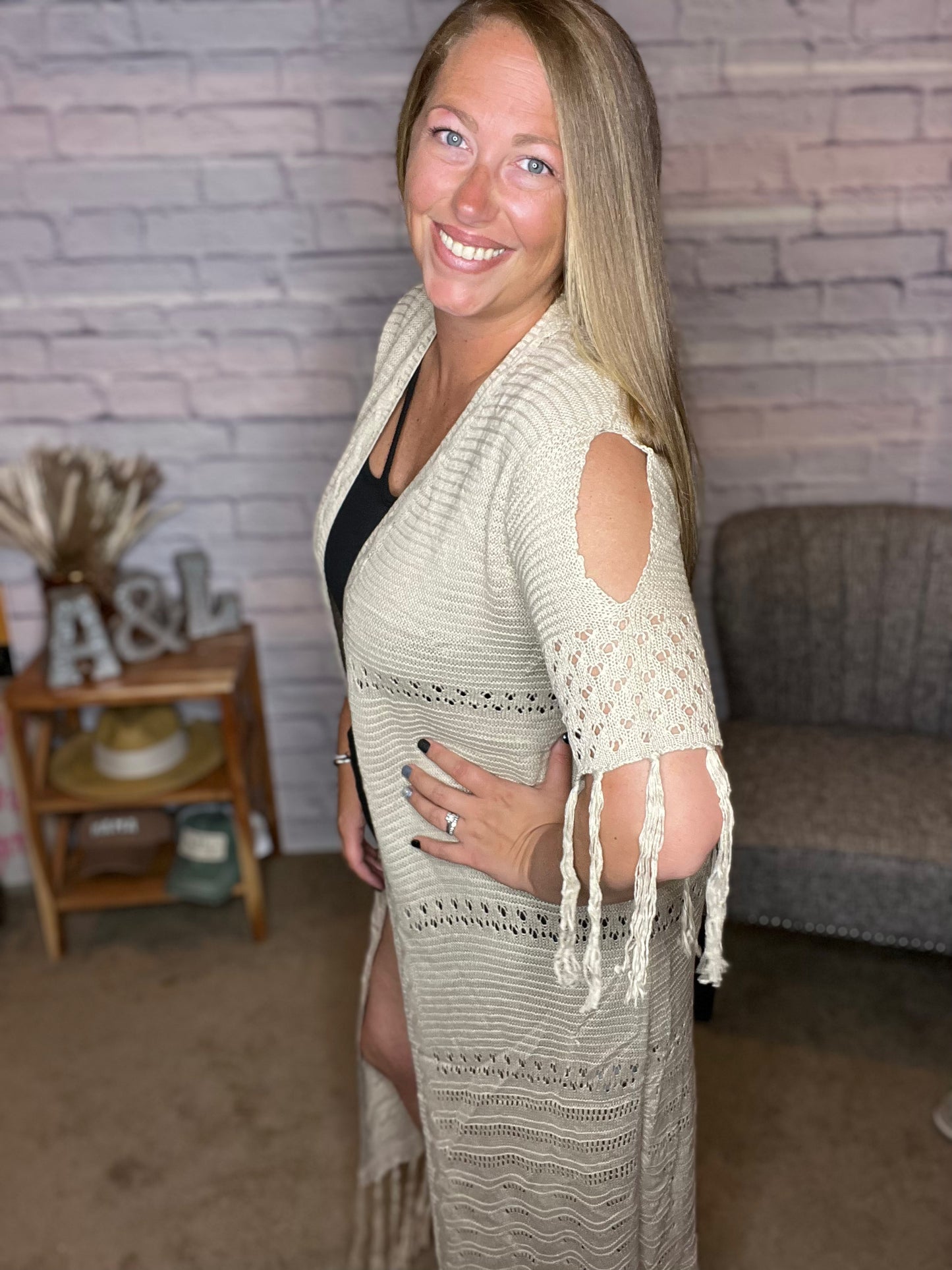 Short Sleeve Fringe Long Kimono Cover Up