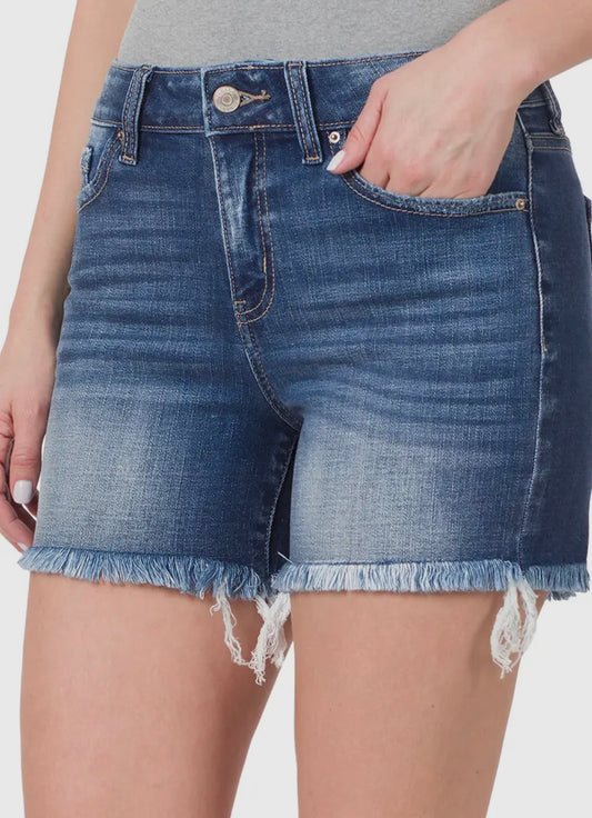 Mid Rise Raw Hem Denim Shorts by Zenana