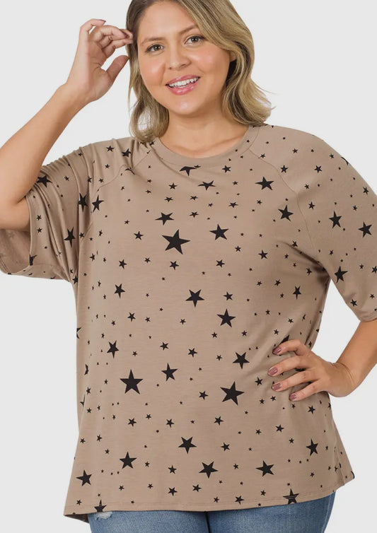 Star Print Raglan Sleeve Round Neck Top
