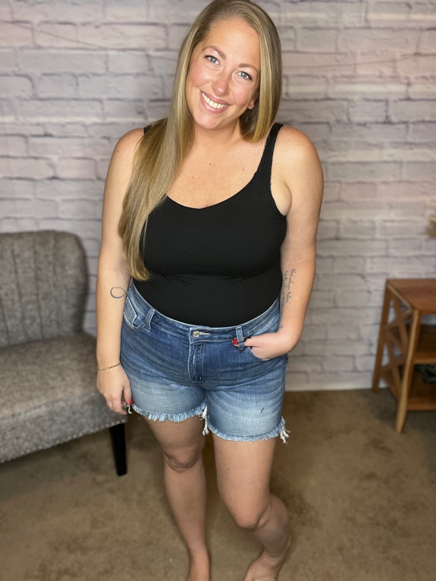 Mid Rise Raw Hem Denim Shorts by Zenana