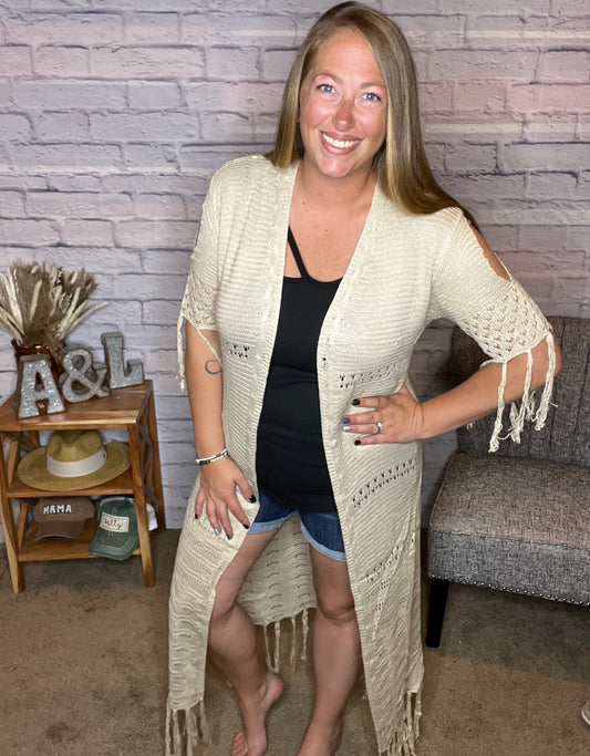 Short Sleeve Fringe Long Kimono Cover Up